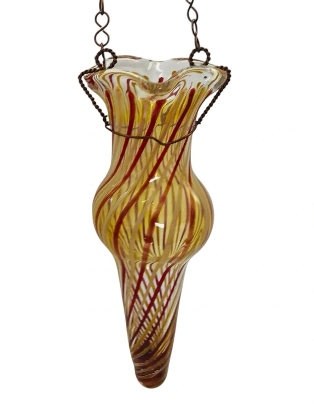Vintage Robert Coleman Signed RC Handblown Spiral Glass Hanging Chain Bud Vase